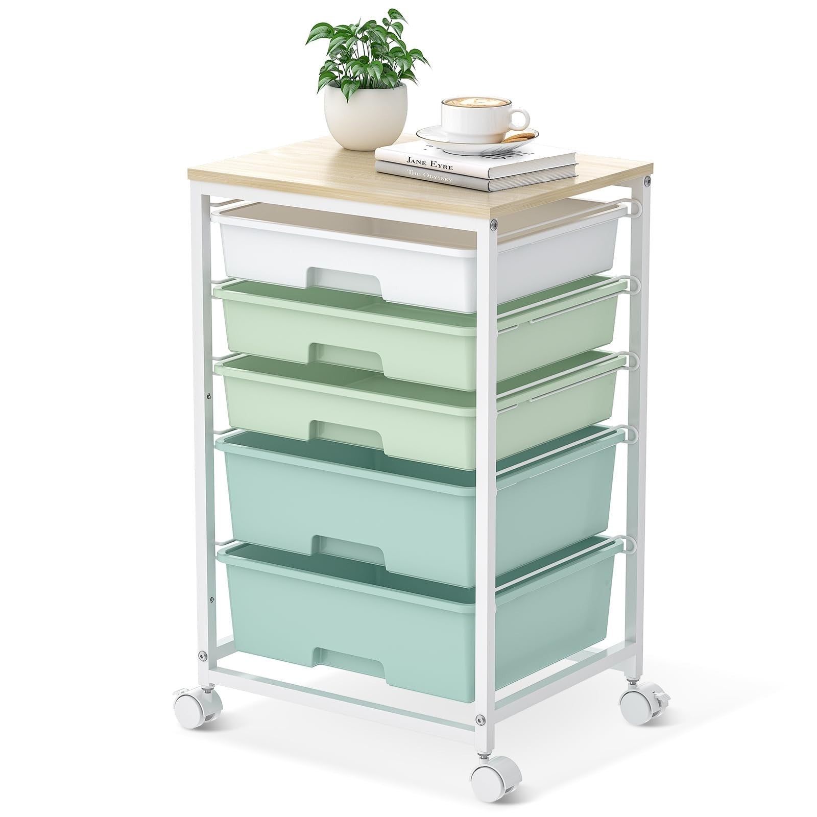 5 Drawer Utility Cart with Wooden Top, Lockable Wheels, Rolling Craft Organizer,1