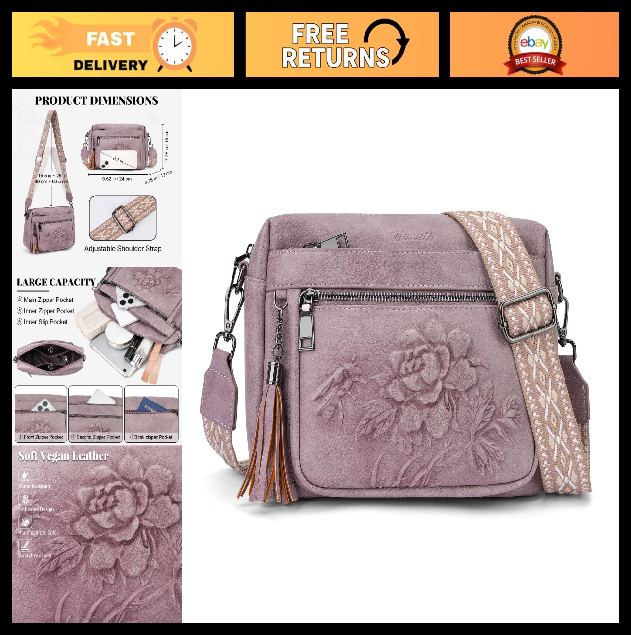 Stylish Vegan Leather Crossbody Bag for Women, Embossed Design, Fashion Purse0