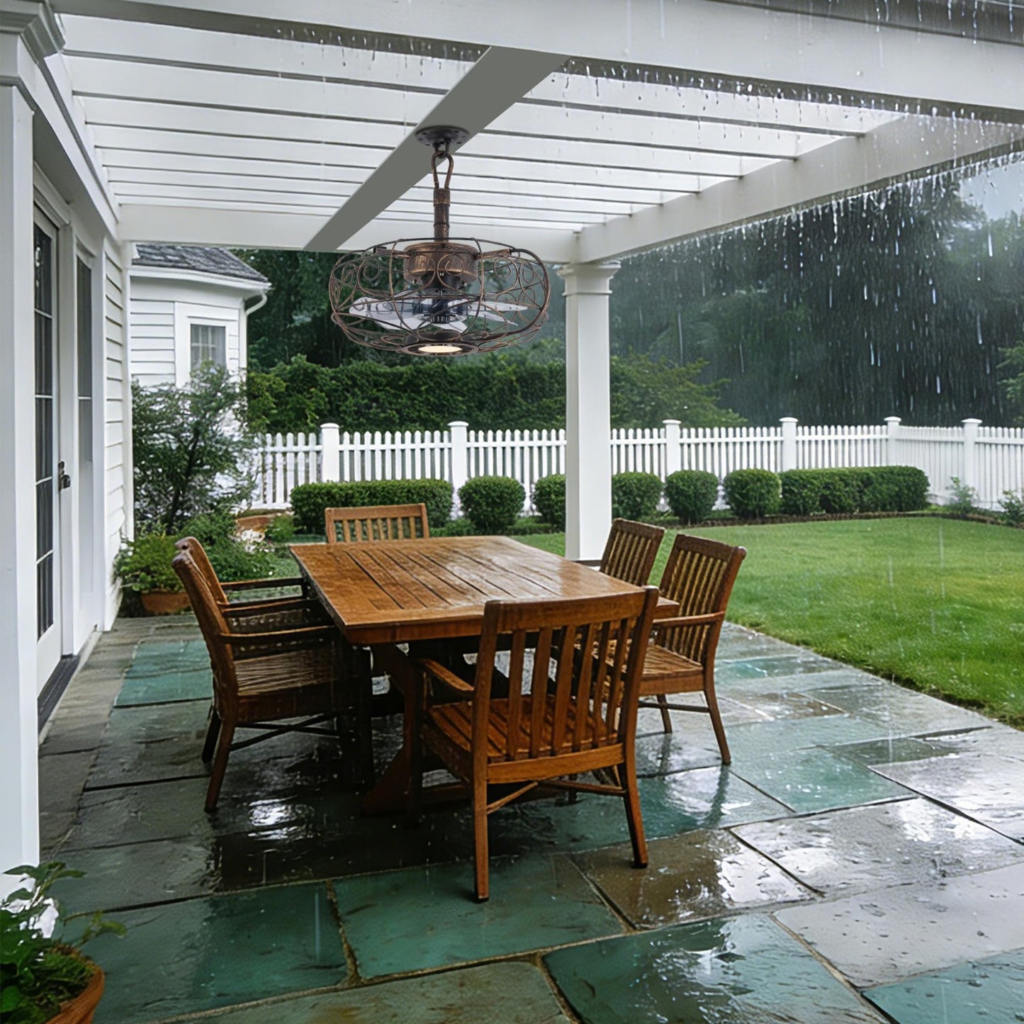15" Outdoor Ceiling Fan with Light, Remote/APP Control, 6 Speeds, Caged Design f7