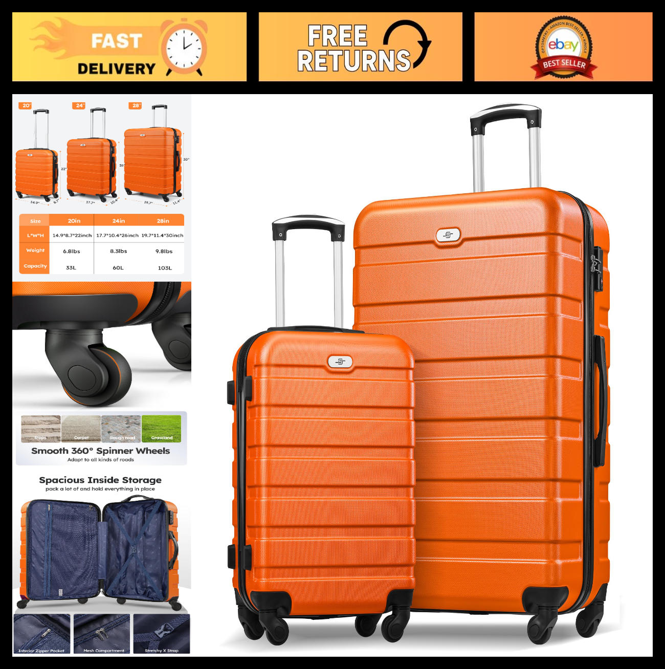2-Piece Hard Shell Luggage Set with Spinner Wheels, 20" Carry-On & 28" Suitcase,0