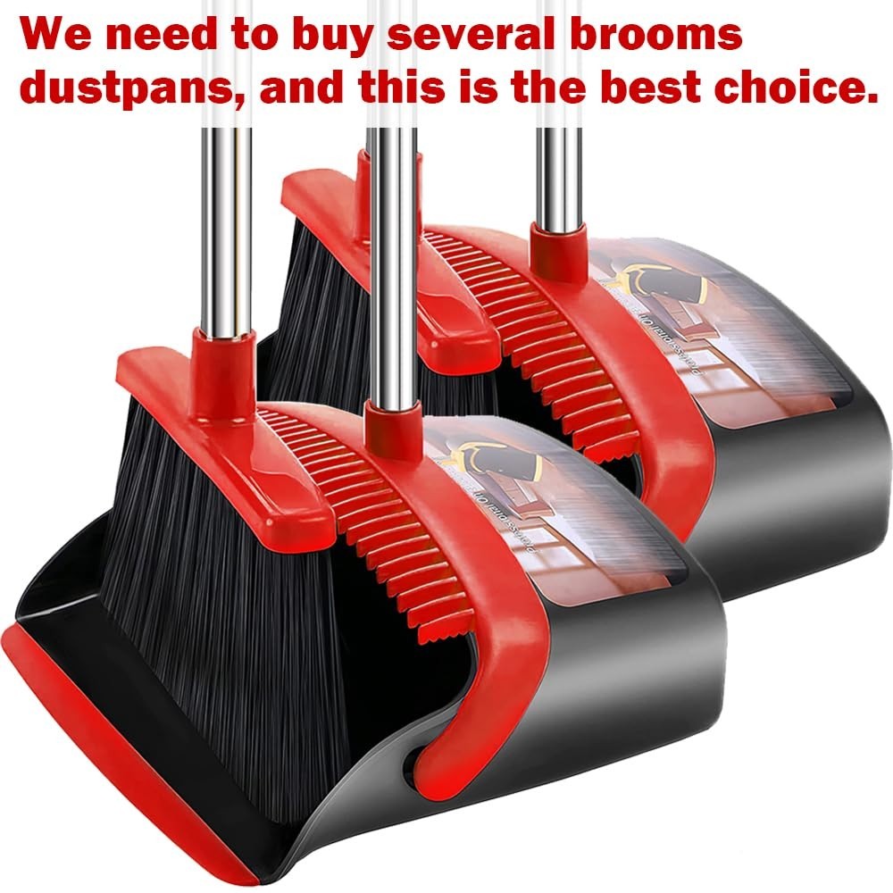 2-Pack Broom & Dustpan Set - 52" Long Handle, Self-Cleaning Teeth, Indoor/Outdoo6