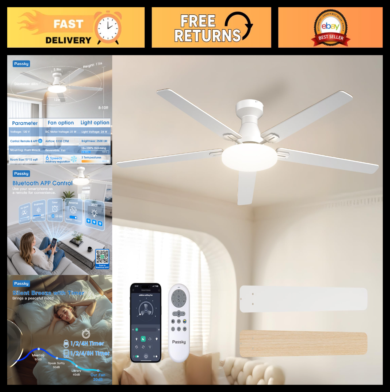 60" White Low Profile Ceiling Fan with Lights & Remote | Dimmable, Quiet, Revers0
