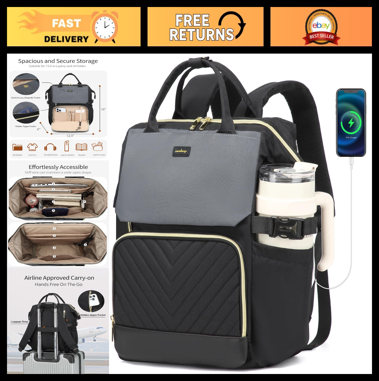Stylish Laptop Backpack for Women   USB Charging, Cup Holder, Travel Bag, Colleg0