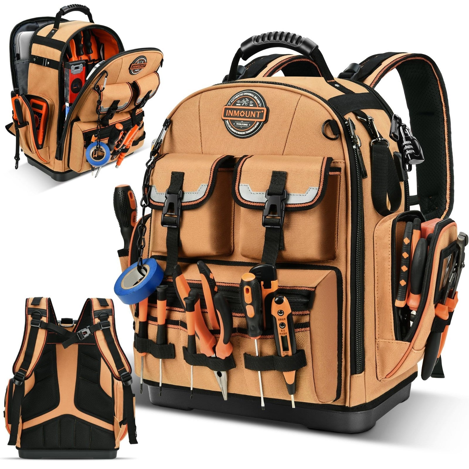 Heavy Duty Tool Backpack 18.5"   56 Pockets, Molded Bottom, Durable Brown Storag0