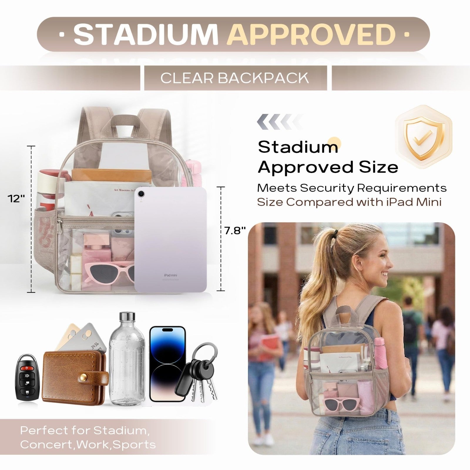 Clear Stadium Backpack, Transparent Bag for Concerts & Sports, Waterproof PVC, A3