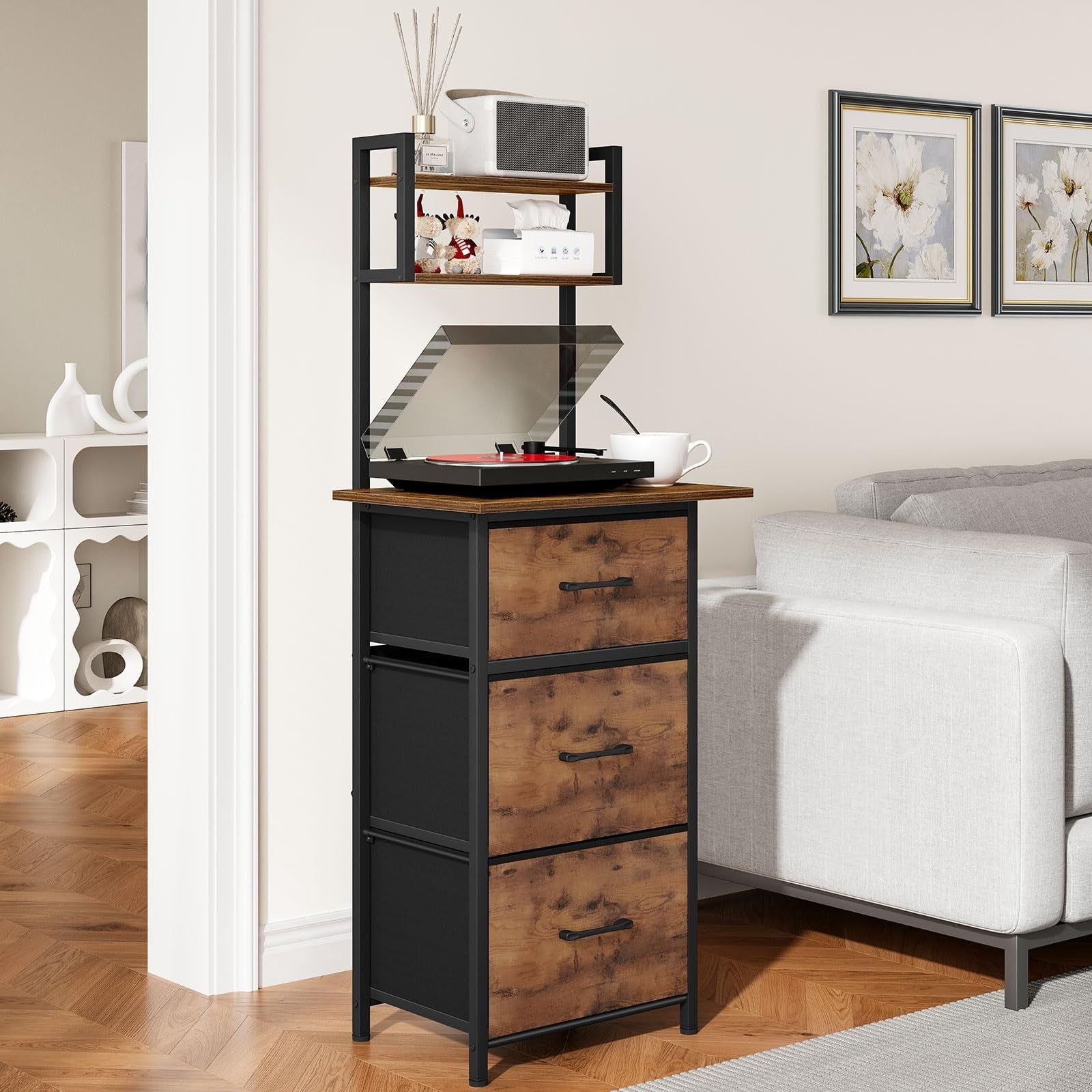3 Drawer Tall File Cabinet with Extended Desktop, Vertical Filing Storage, Rusti7