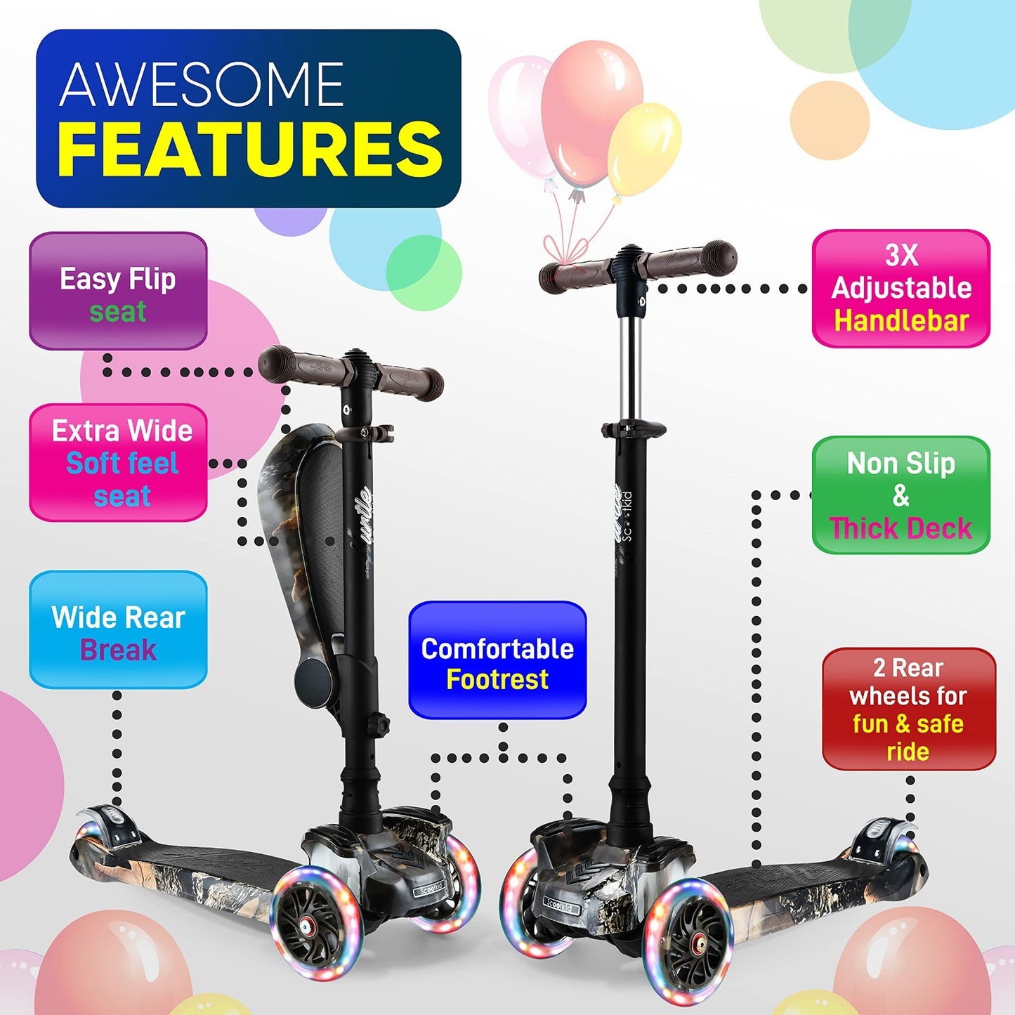 3-Wheeled Kids Scooter with LED Lights, Adjustable Handlebar, Foldable Seat, Sit2