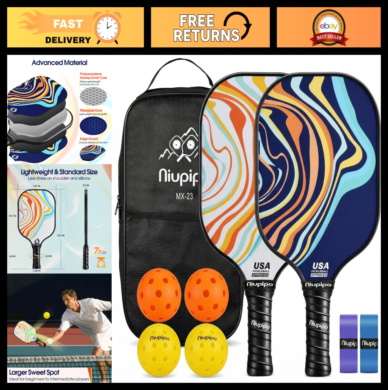 Pickleball Paddle Set of 2 or 4 - USAPA Approved, Fiberglass, Lightweight, with0
