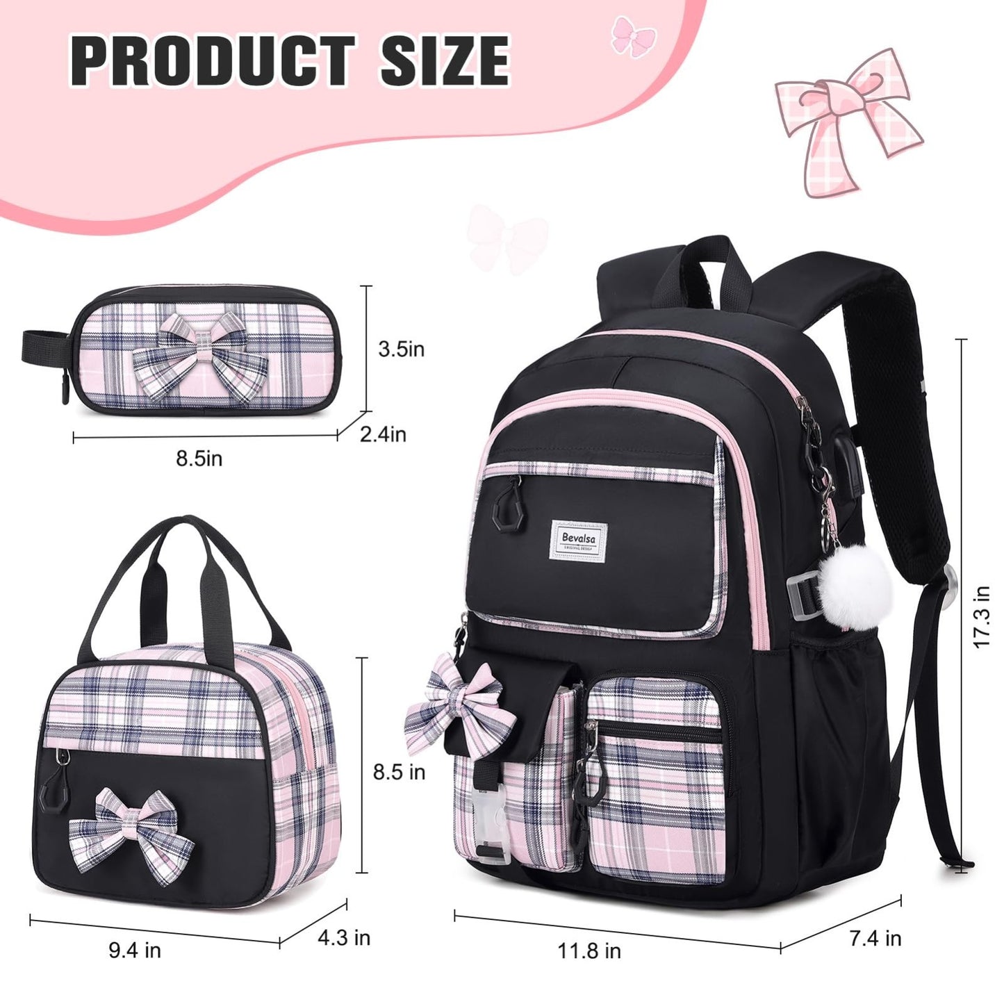 Cute Bow Backpack for Girls   School Bag with Lunch Bag & Pen Case, Stylish & Fu2