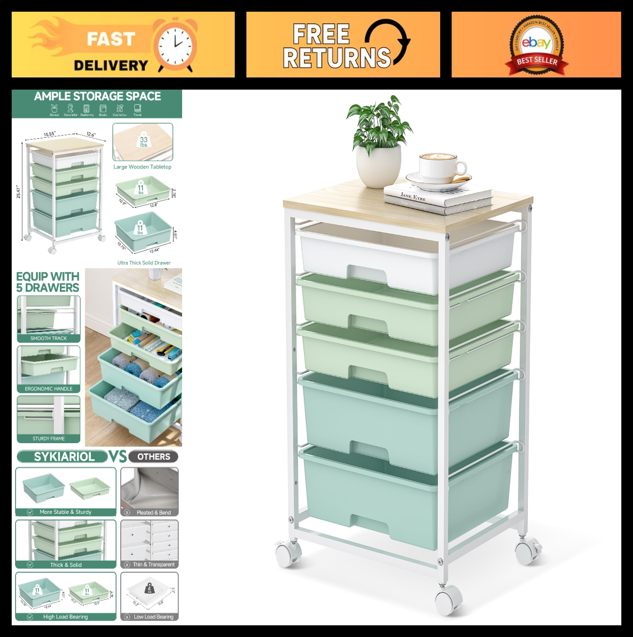 5 Drawer Utility Cart with Wooden Top, Lockable Wheels, Rolling Craft Organizer,0