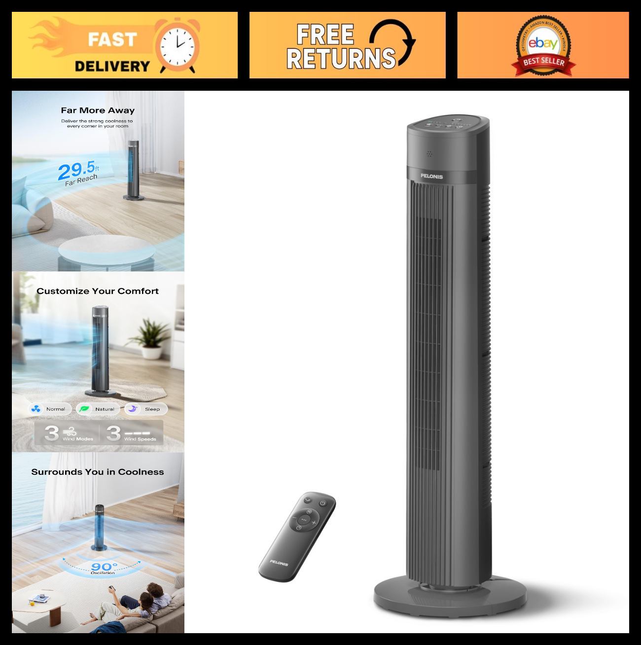Bladeless Tower Fan 40" for Bedroom, Remote Control, 90° Oscillation, 3 Speeds,0