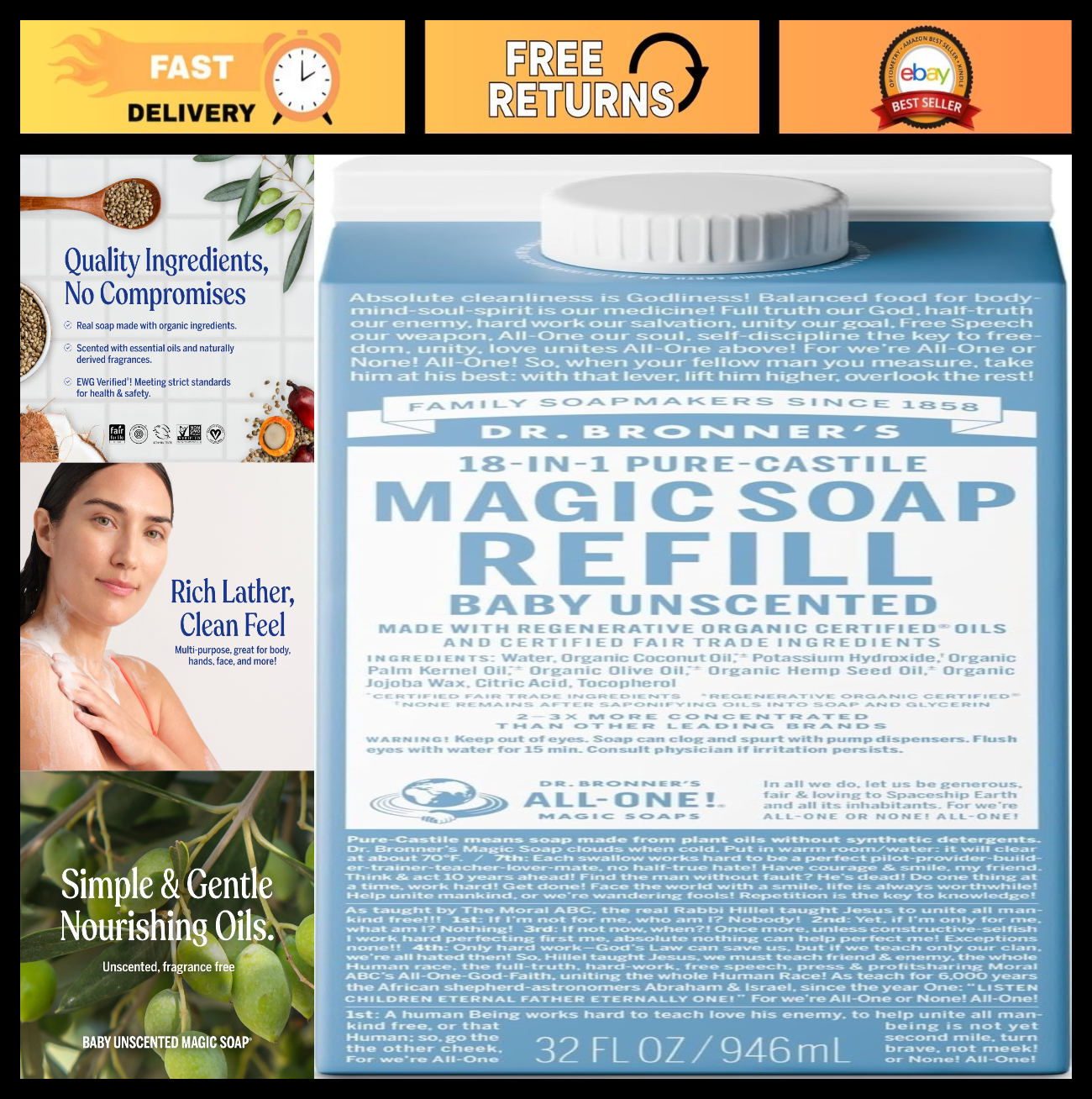 Pure-Castile Liquid Soap Refill 32oz - Organic, Eco-Friendly, 18-in-1 Uses, Unsc0