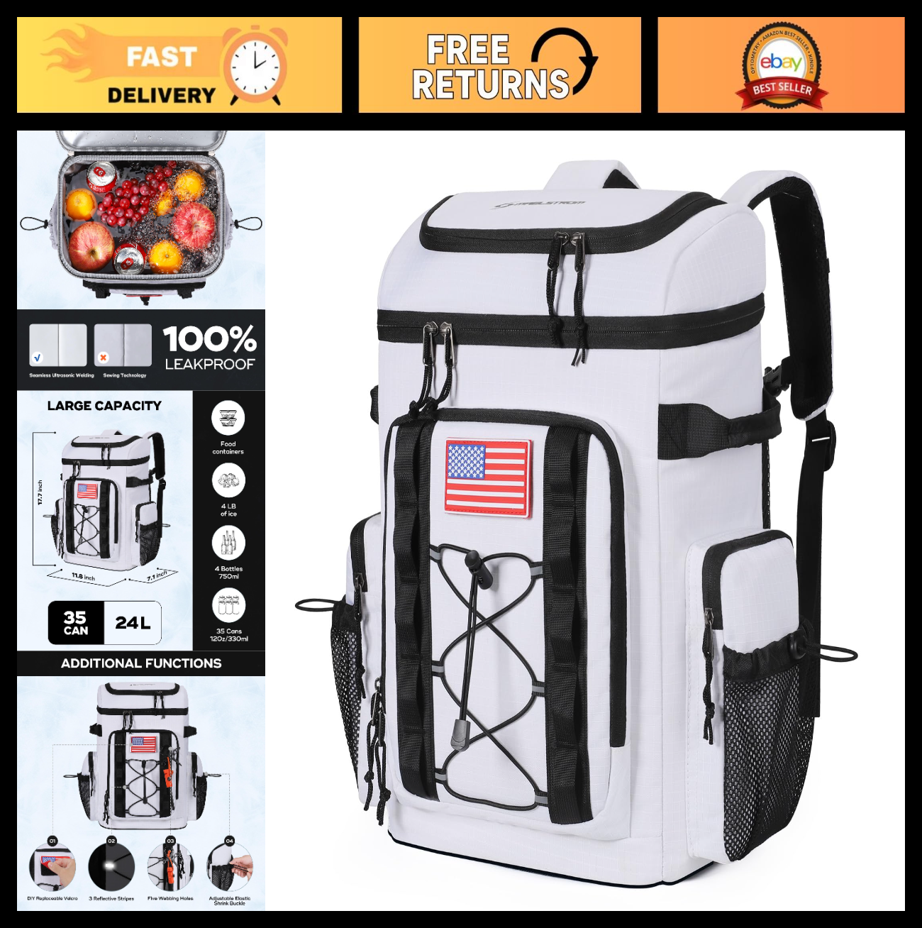 Insulated Backpack Cooler - 35/50 Can, Leakproof Soft Bag, Keeps Food Cold 16H,0