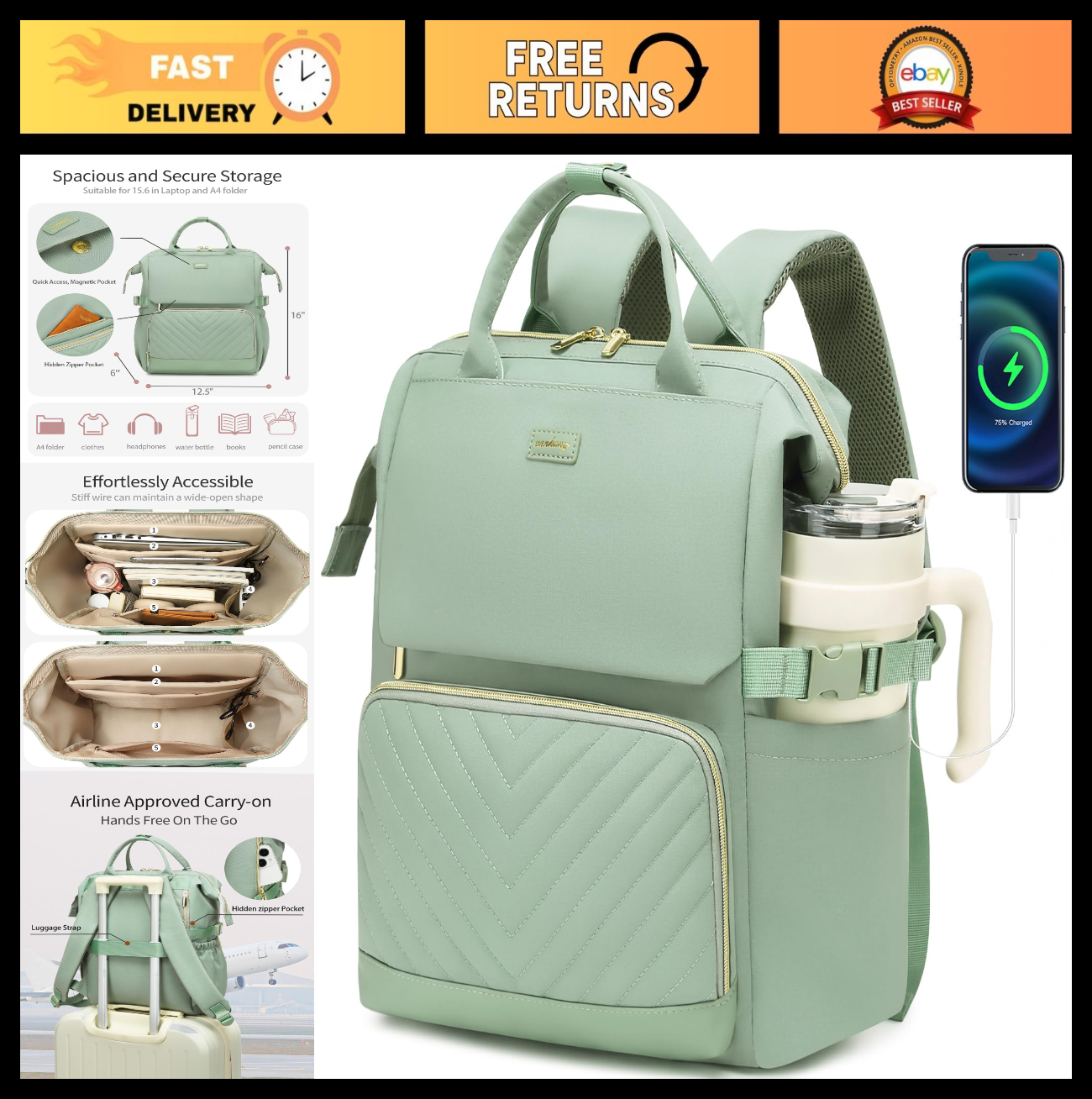Stylish Laptop Backpack for Women   College Bookbag with USB Charger & Cup Holde0