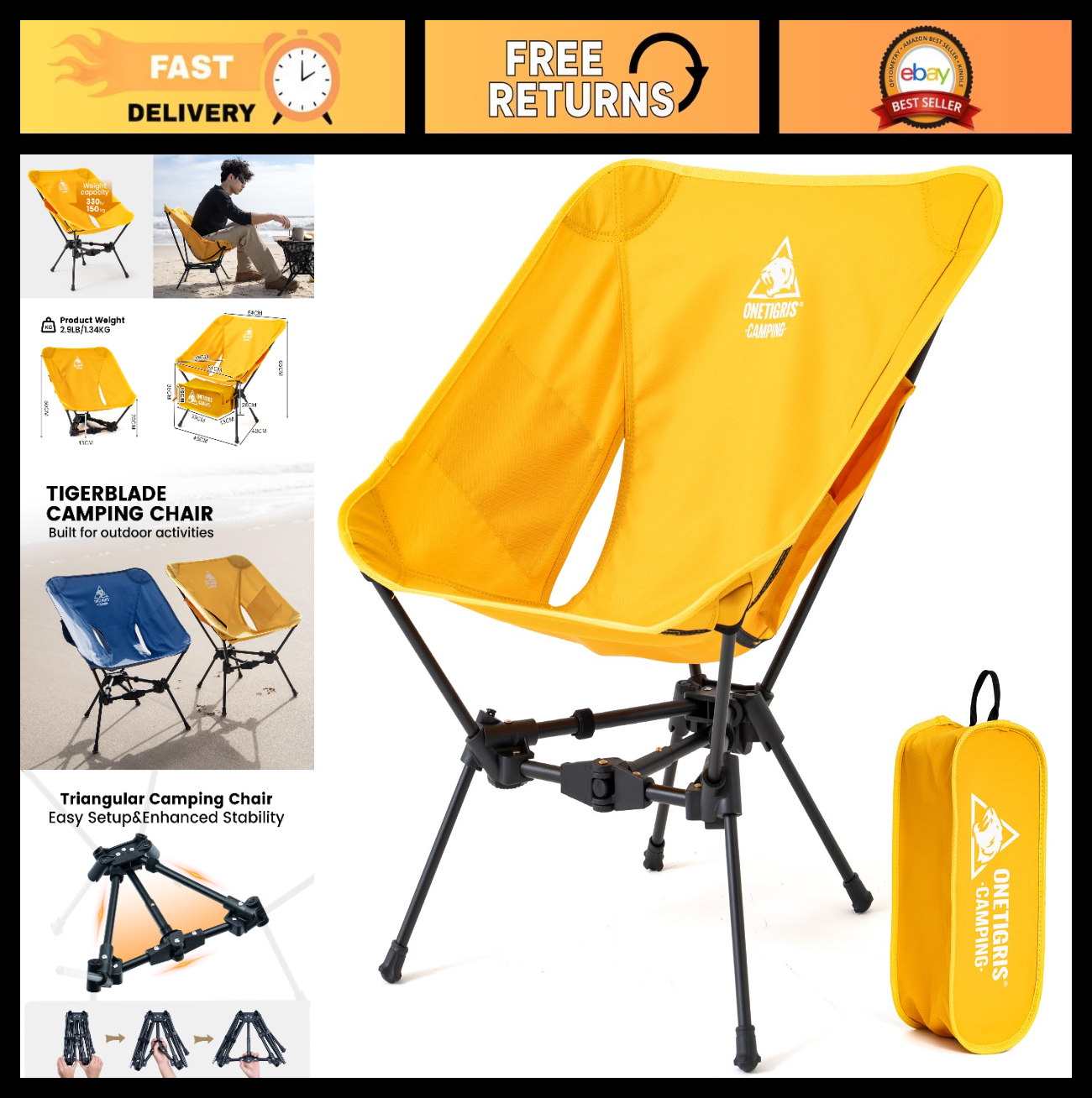 Lightweight Folding Camping Chair - Portable Backpacking Chair, 330 lbs Capacity0