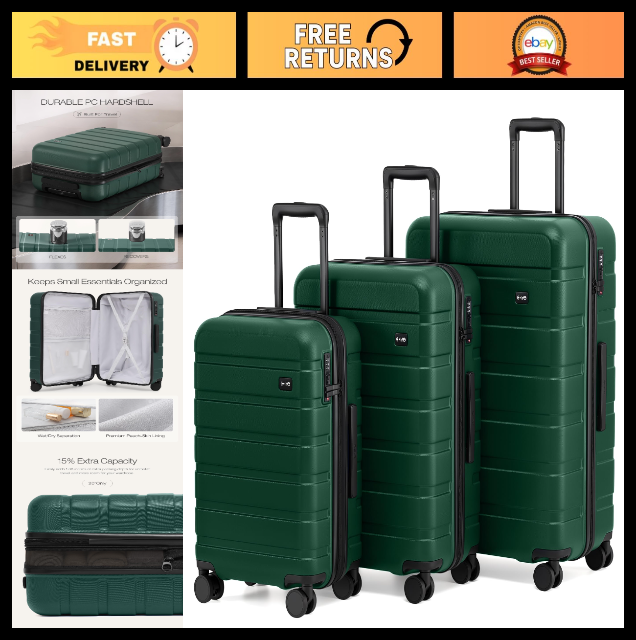 Lightweight 3-Piece Hardshell Luggage Set, Expandable Suitcase, 360° Spinner Whe0