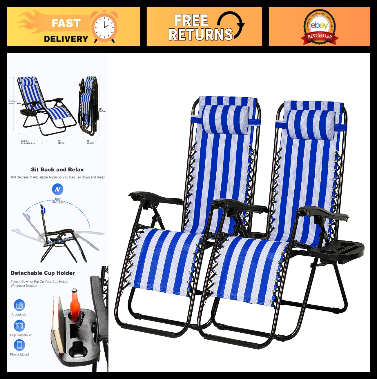 Set of 2 Adjustable Zero Gravity Lounge Chairs   Steel Mesh Recliners with Pillo0