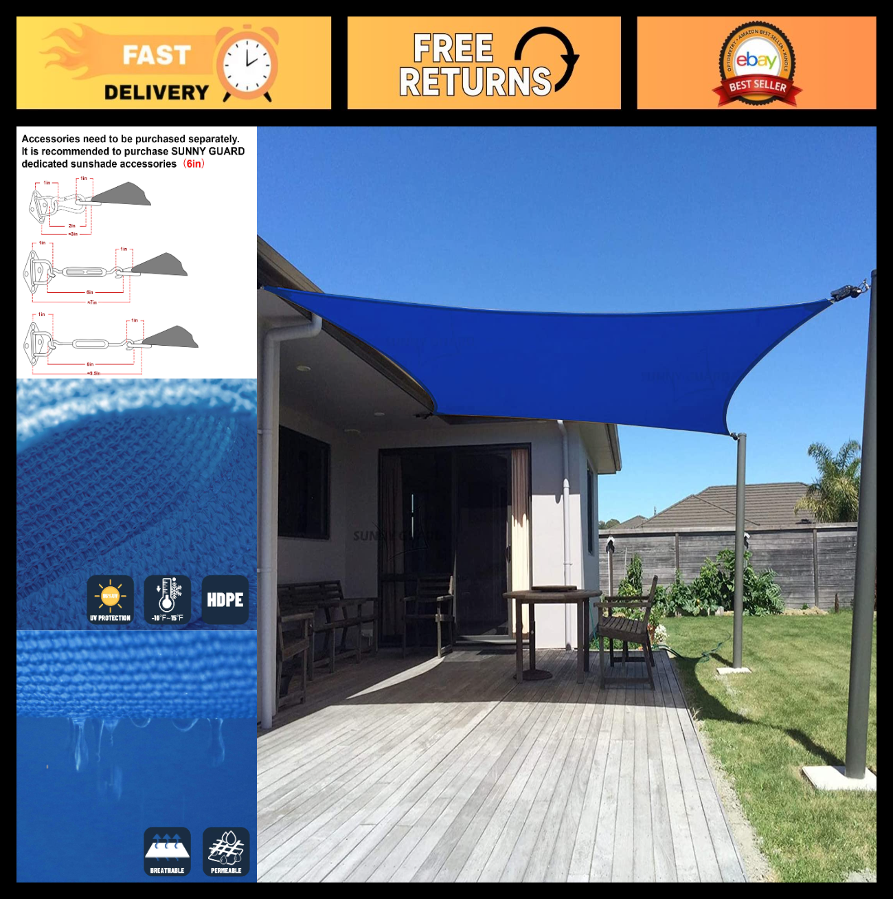 10' x 13' Rectangle Shade Sail Canopy   95% UV Block Outdoor Sun Shade for Patio0