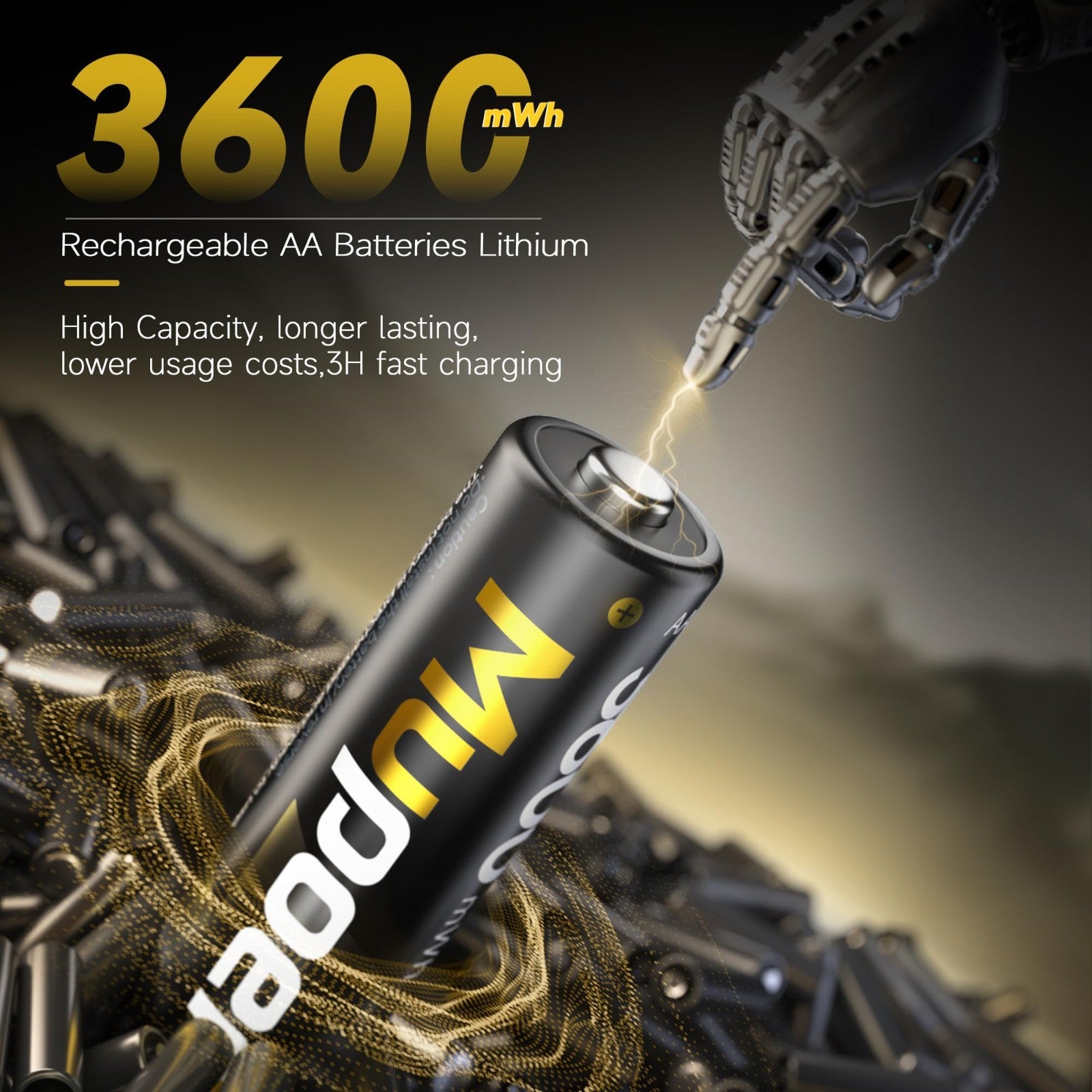 Rechargeable AA Lithium Batteries 8 Pack - High Capacity 1.5V 3600mWh, Li-ion fo2