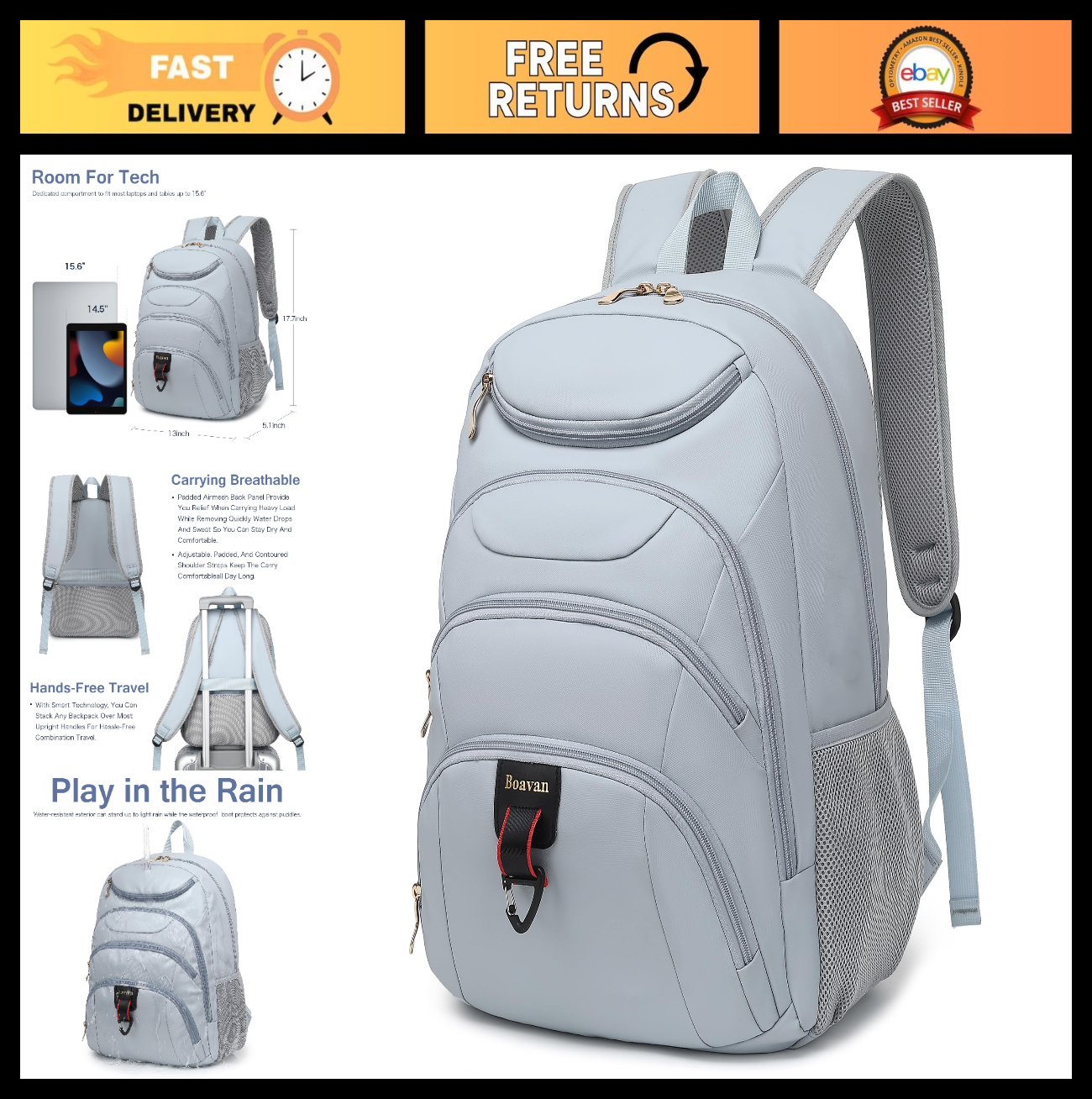 Waterproof 15.6" Laptop Backpack with USB Port, Anti Theft Travel Bag for Women0