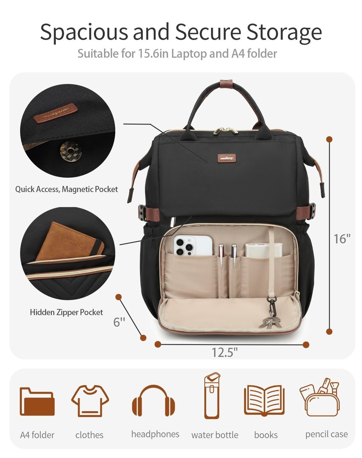 Stylish Work Backpack for Women, Laptop Bookbag with USB Charger & Cup Holder, I3