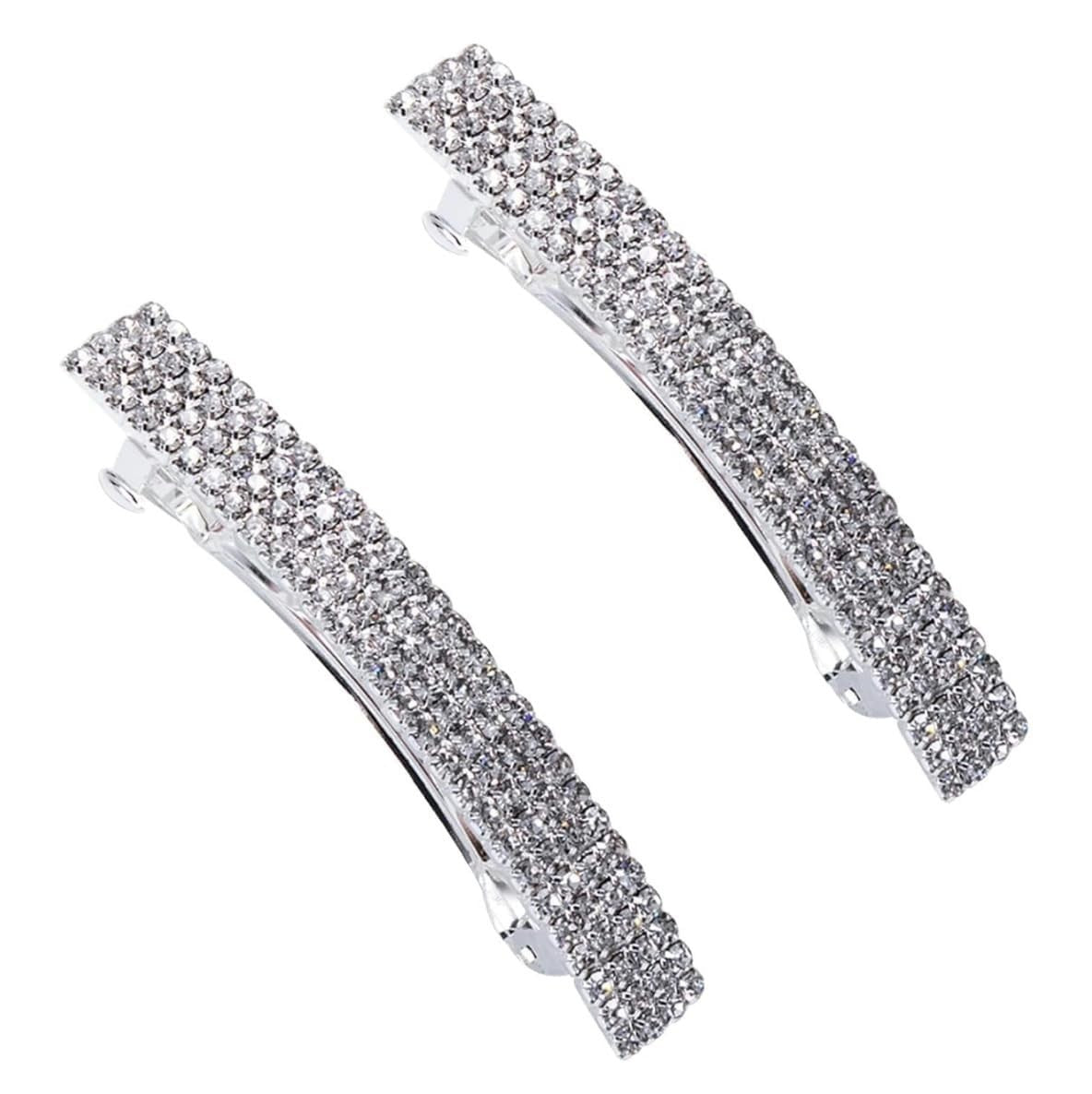 2Pcs Sparkly Rhinestone Hair Clips - Bridal Bling Ponytail Holders, Side Barrett1