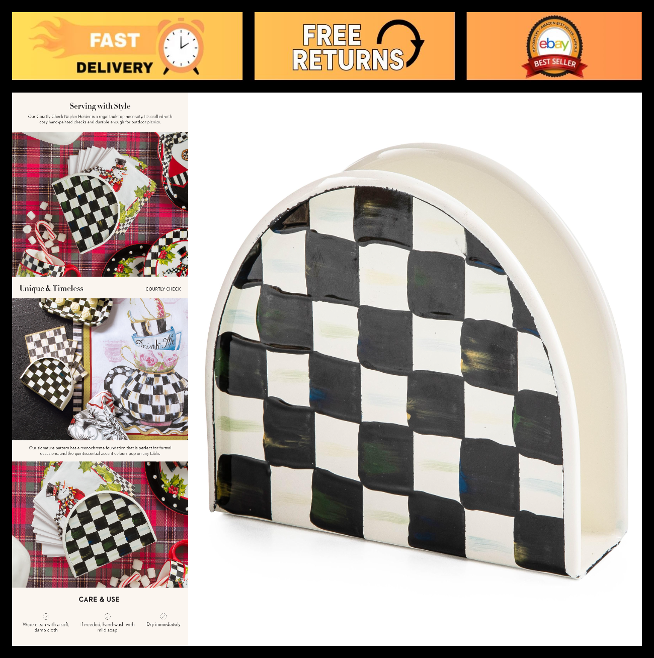 Checkered Enamel Napkin Holder for Kitchen, Black & White Table Decor, Counterto0
