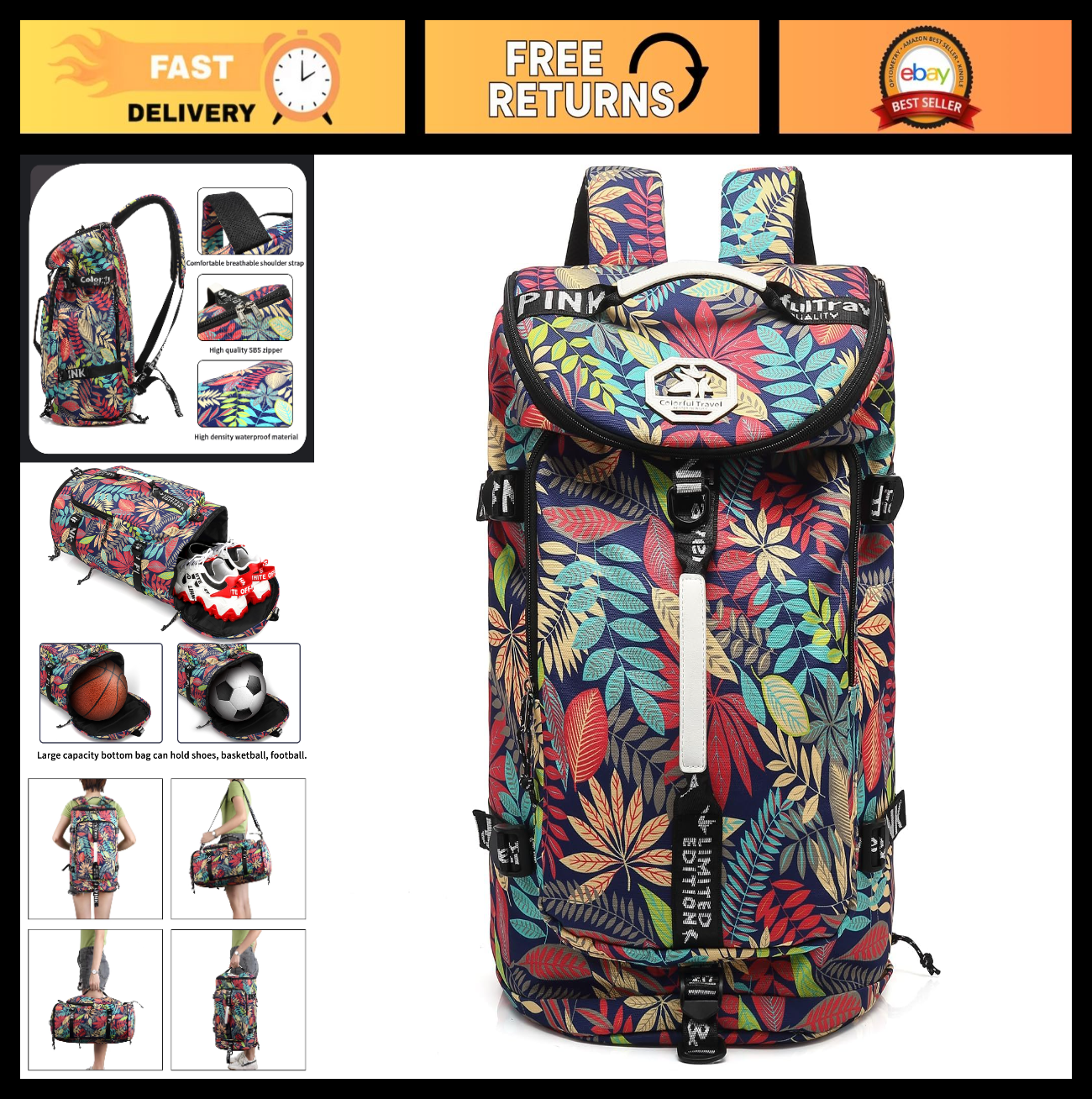 Waterproof Gym Duffel Backpack with Shoe Compartment & 4 Carry Methods   Sports,0