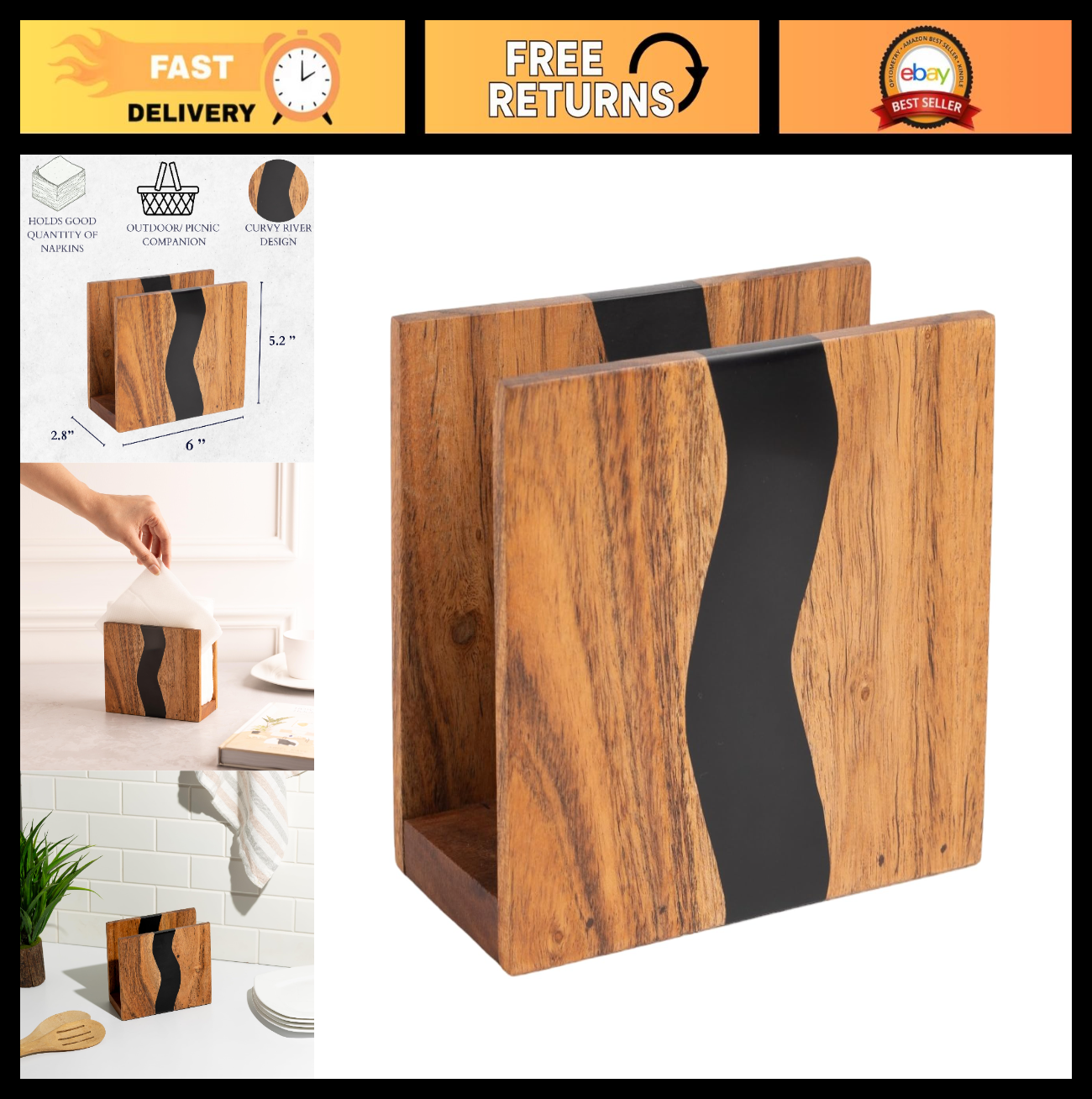 Rustic Acacia Wood & Epoxy Resin Napkin Holder - Farmhouse Table Organizer, 6x5x0