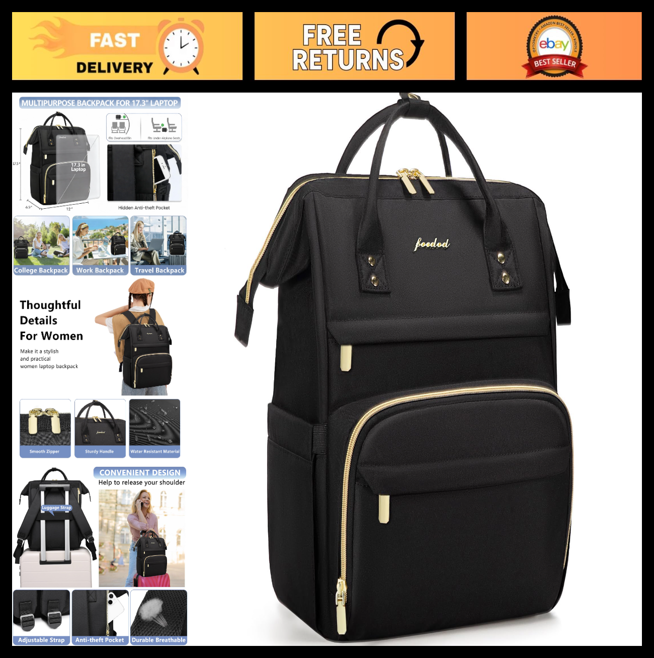 Waterproof 17.3" Laptop Backpack for Women   Professional Work & Travel Bag, Bla0