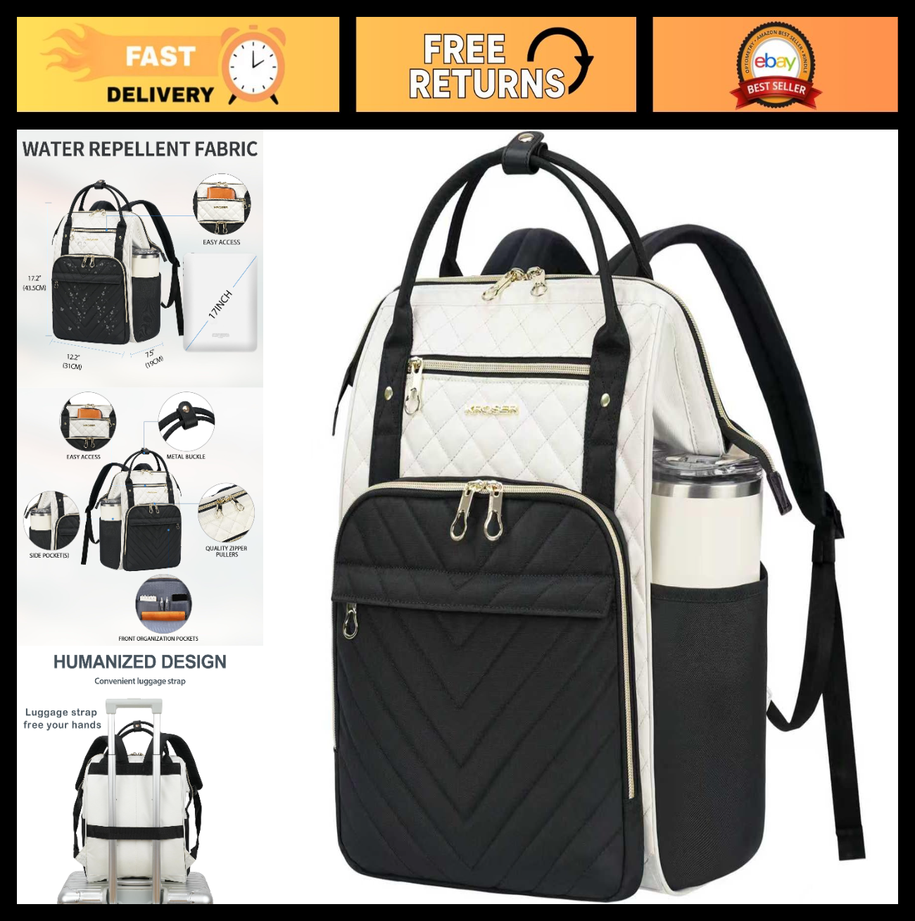 Stylish 17" Water-Repellent Laptop Backpack for Travel & College - Casual Daypac0