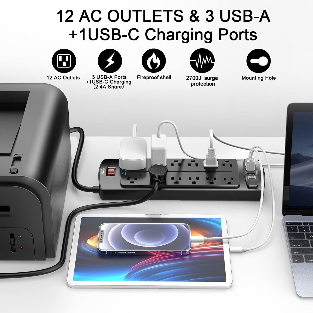 Surge Protector Power Strip with 12 Outlets, 4 USB Ports & 6ft Cord, 2700 Joules2