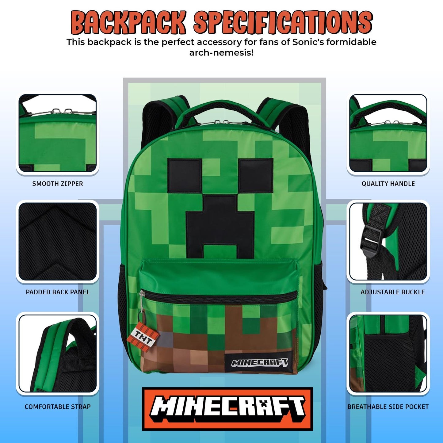 Minecraft Creeper Backpack for Kids, Big Face School Bag with Front Pocket & TNT4