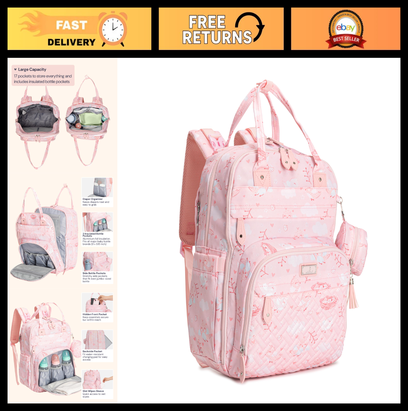 Multi Function Water Resistant Diaper Bag Backpack   Baby Travel Tote, Changing0