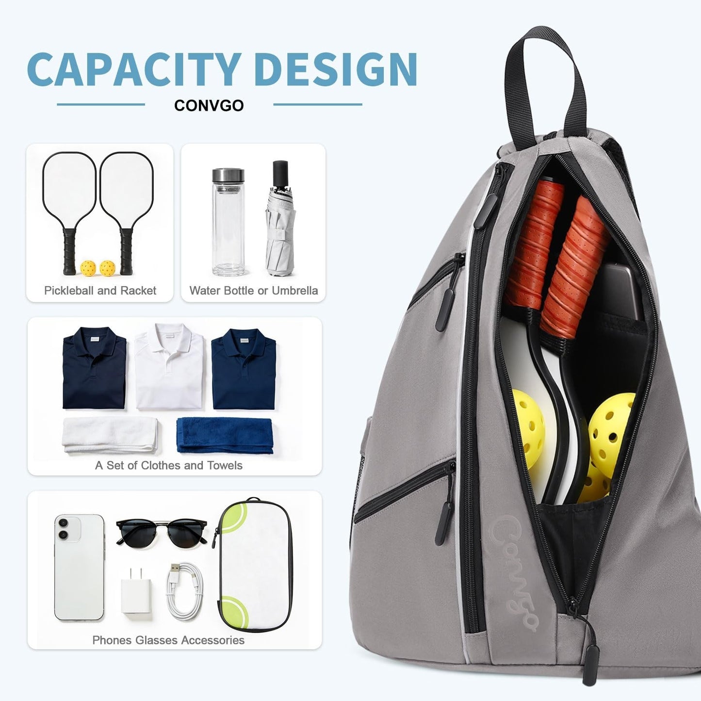 Adjustable Pickleball Backpack & Sling Bag - 2-in-1 Sports Bag for Tennis & Pick3