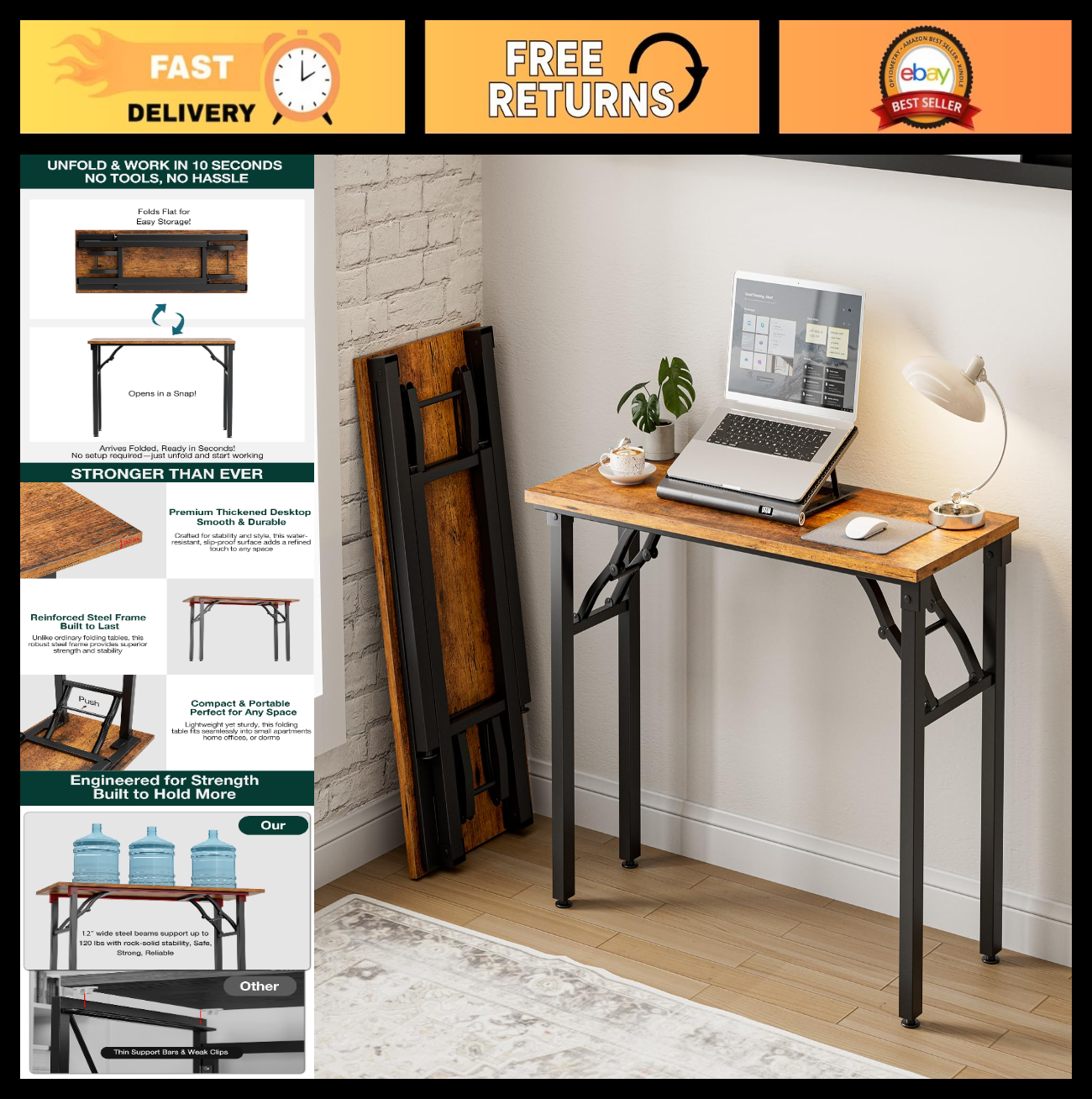 Compact Folding Laptop Desk – 35.8" Portable Table for Small Spaces, Easy Storag0