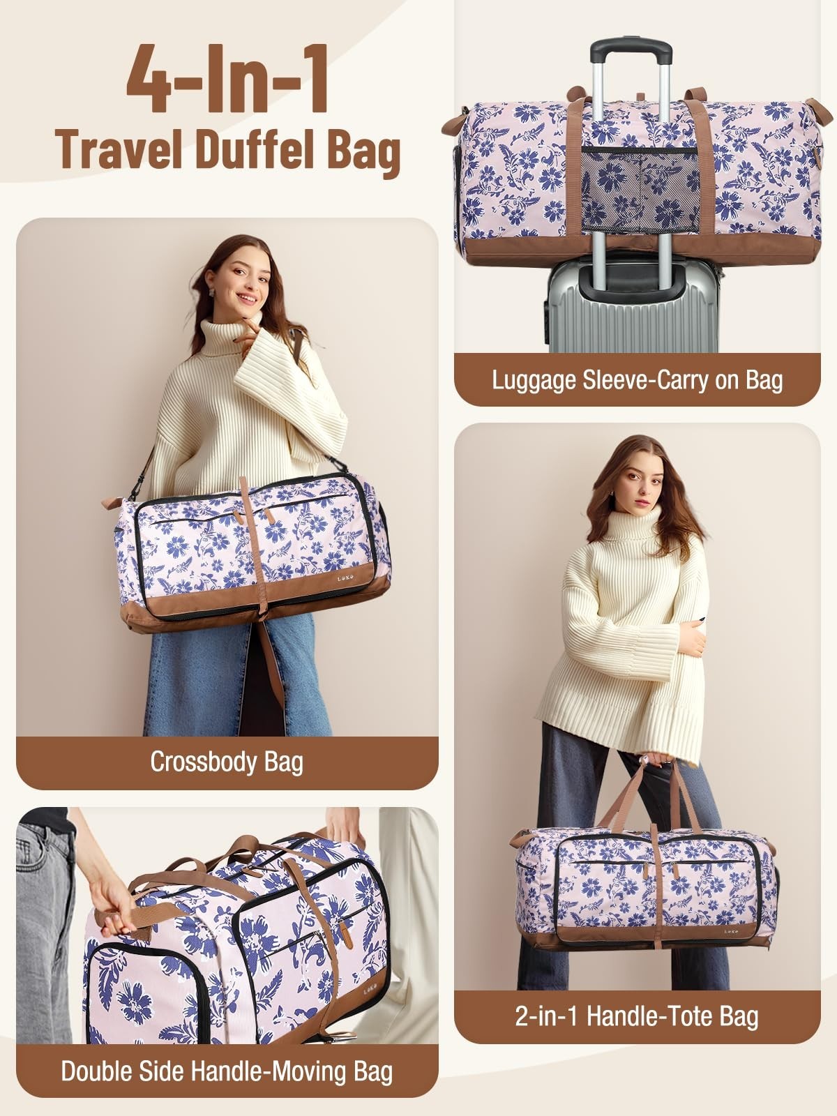 Large Foldable Travel Duffle Bag with Shoe Compartment, Weekend Carry-On, 80L, P4