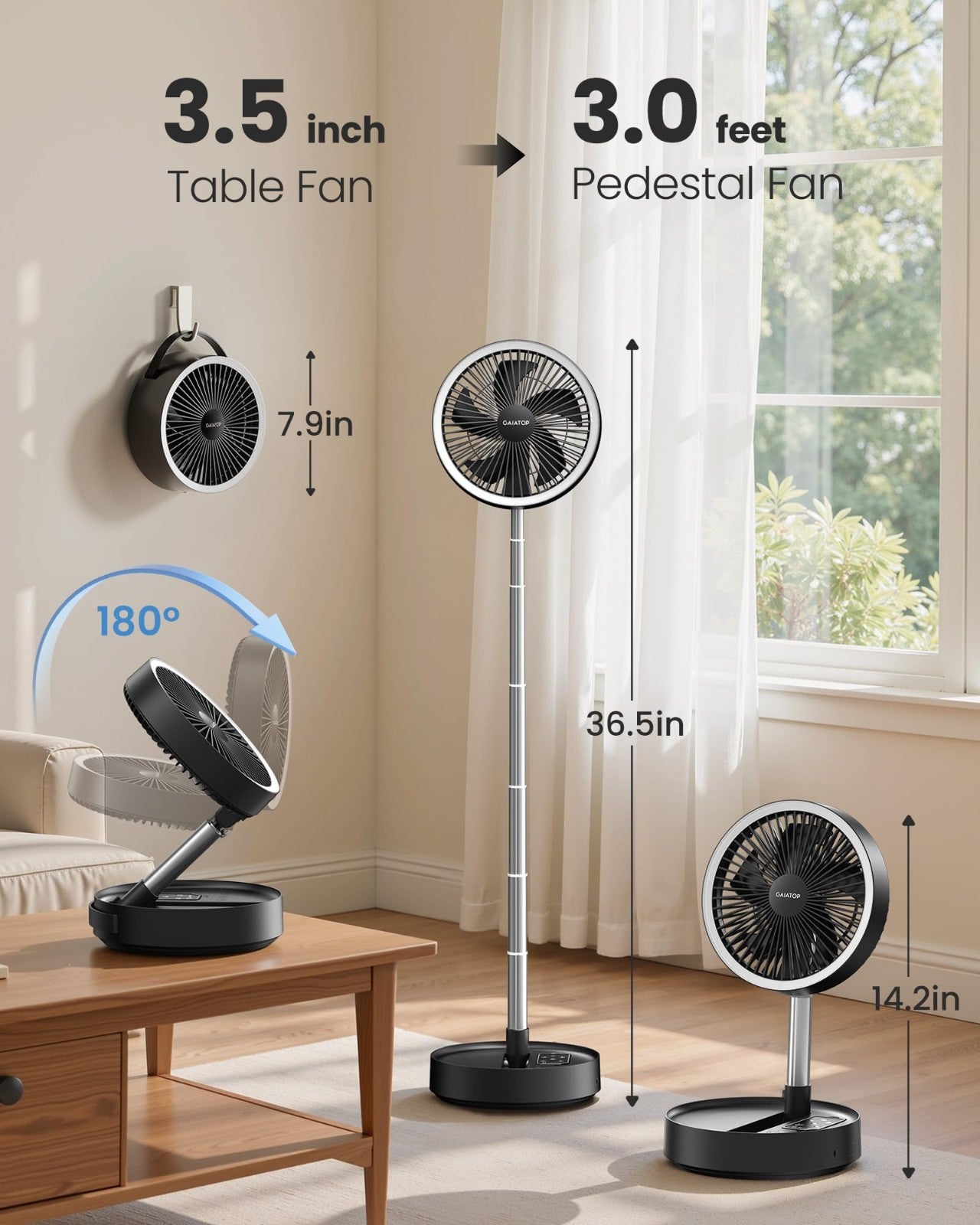 Portable Battery Fan 16000mAh, 74h Runtime, Foldable Oscillating Stand Fan, LED5