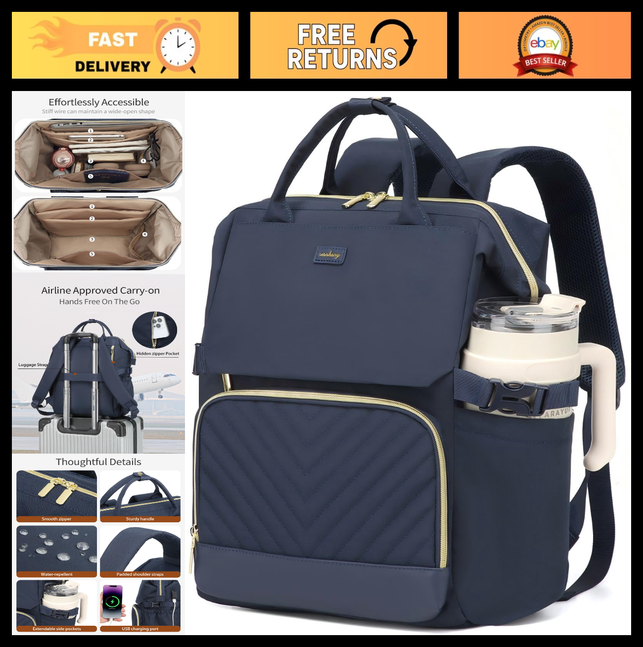 Stylish Laptop Backpack for Women   USB Charger, Cup Holder, Travel Bookbag, Nav0