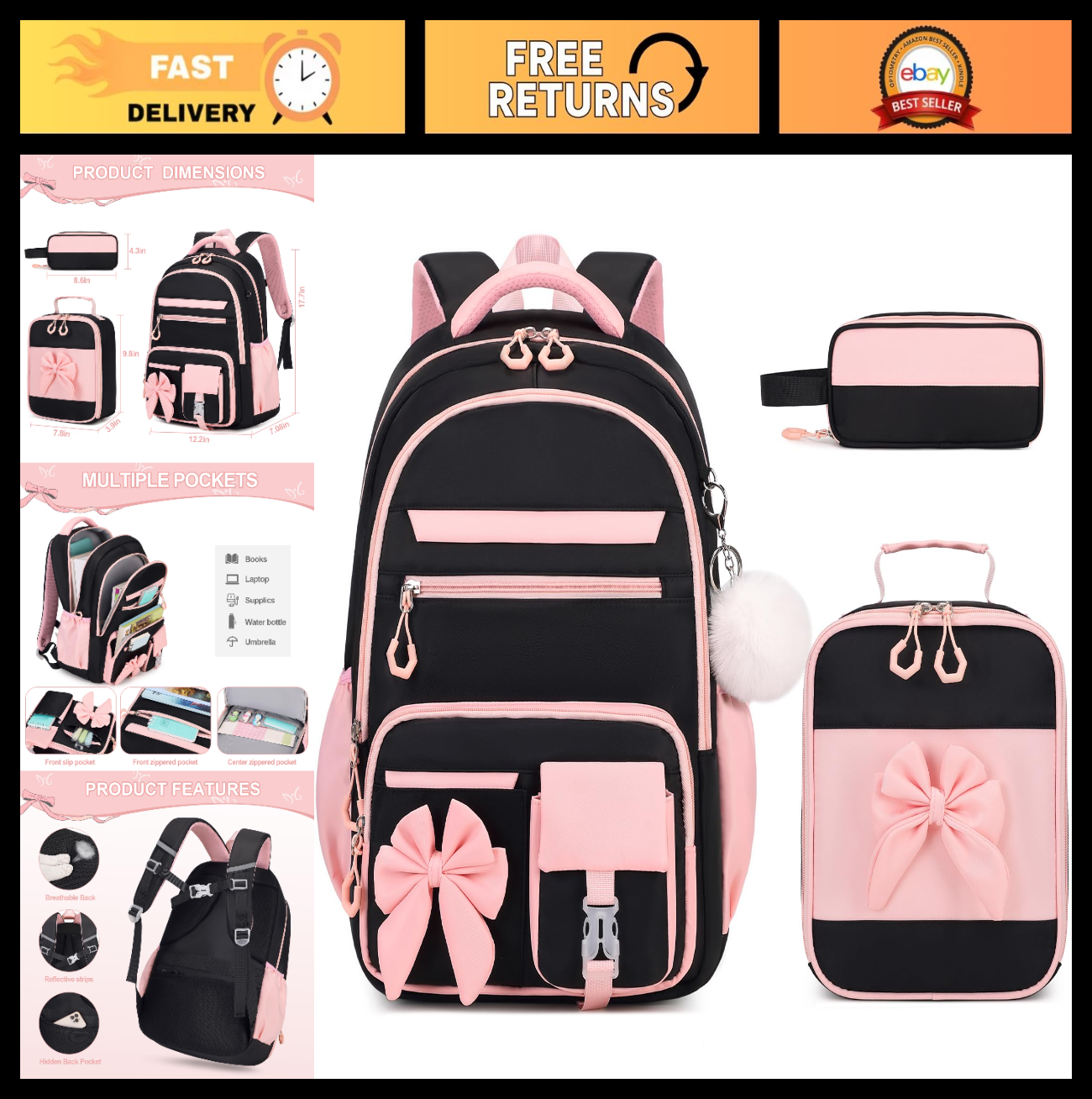 Cute Girls Backpack Set with Lunch Bag & Pencil Case   Stylish School Bag for Ki0