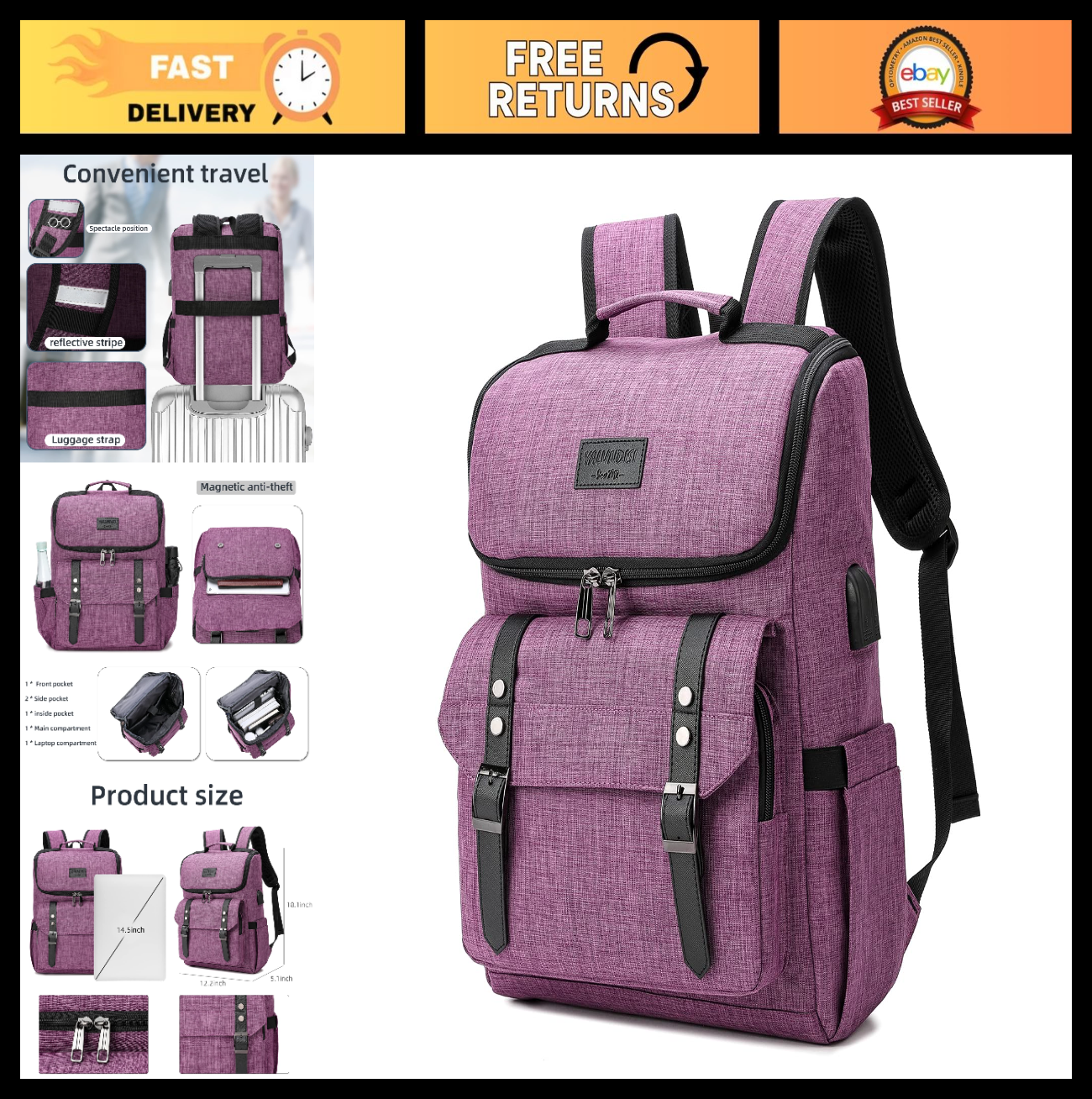 Vintage Laptop Backpack for Travel & College, USB Charging Port, Fits 15.6" - Pu0