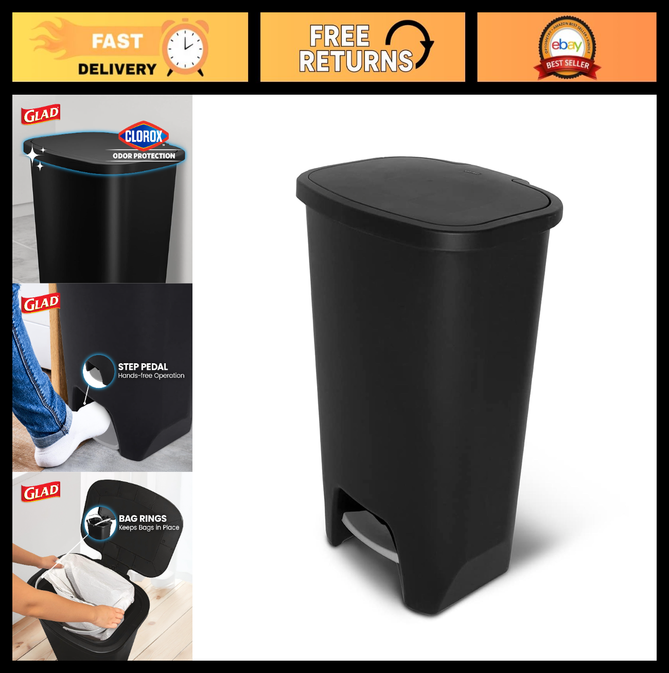 20 Gal Kitchen Trash Can with Clorox Odor Control | Hands-Free Step-On Bin, Blac0
