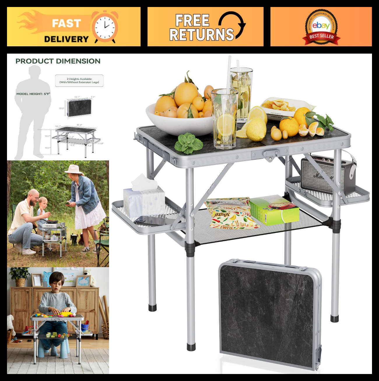 Portable Folding Camping Table 2ft with Side Racks & Storage Net - Lightweight A0