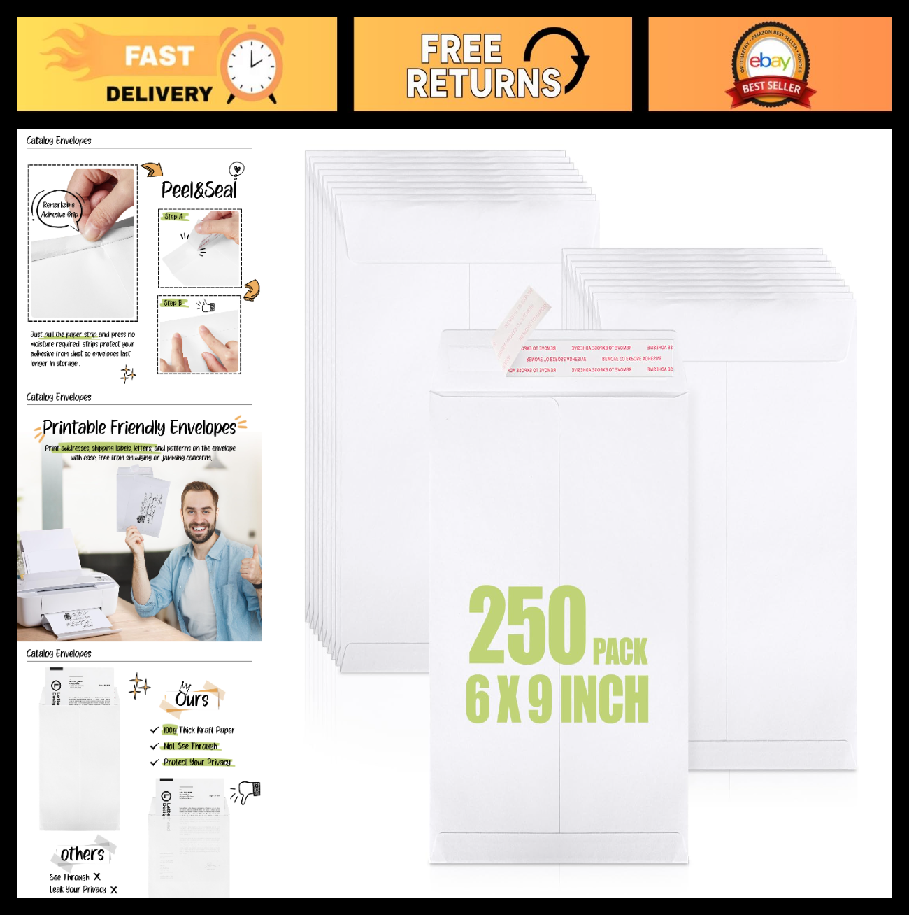 250 Pack White 6x9 Catalog Envelopes | Gummed Seal Open End Mailers for Letters,0
