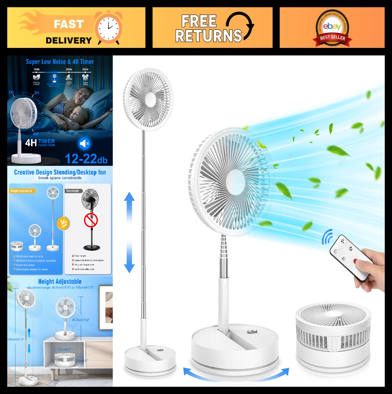 Portable Rechargeable 8.6" Oscillating Fan   USB C Battery Operated, Quiet, Fold0