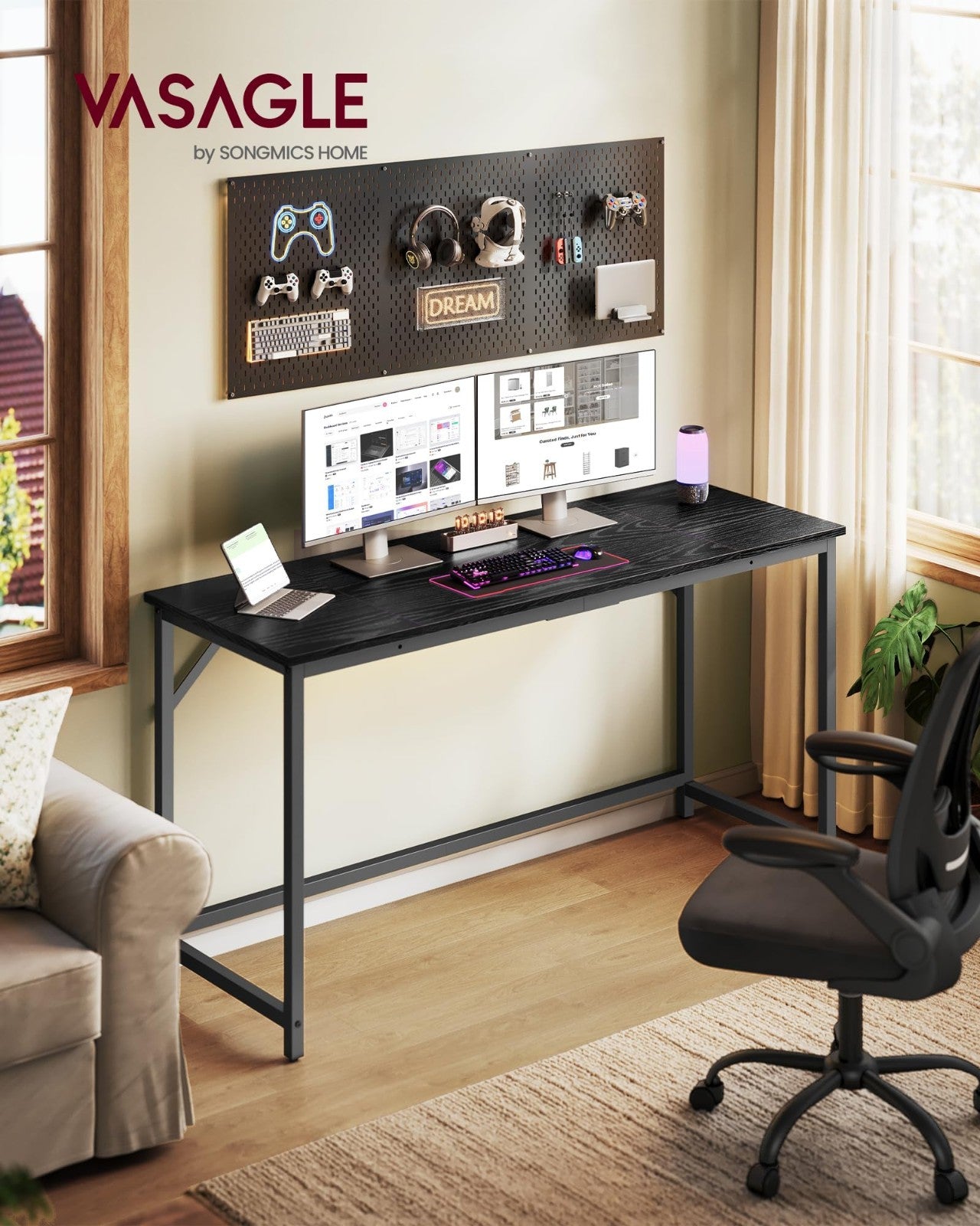 Modern Computer Desk for Home Office, 55.1” Study Workstation, Ebony Black Finis2