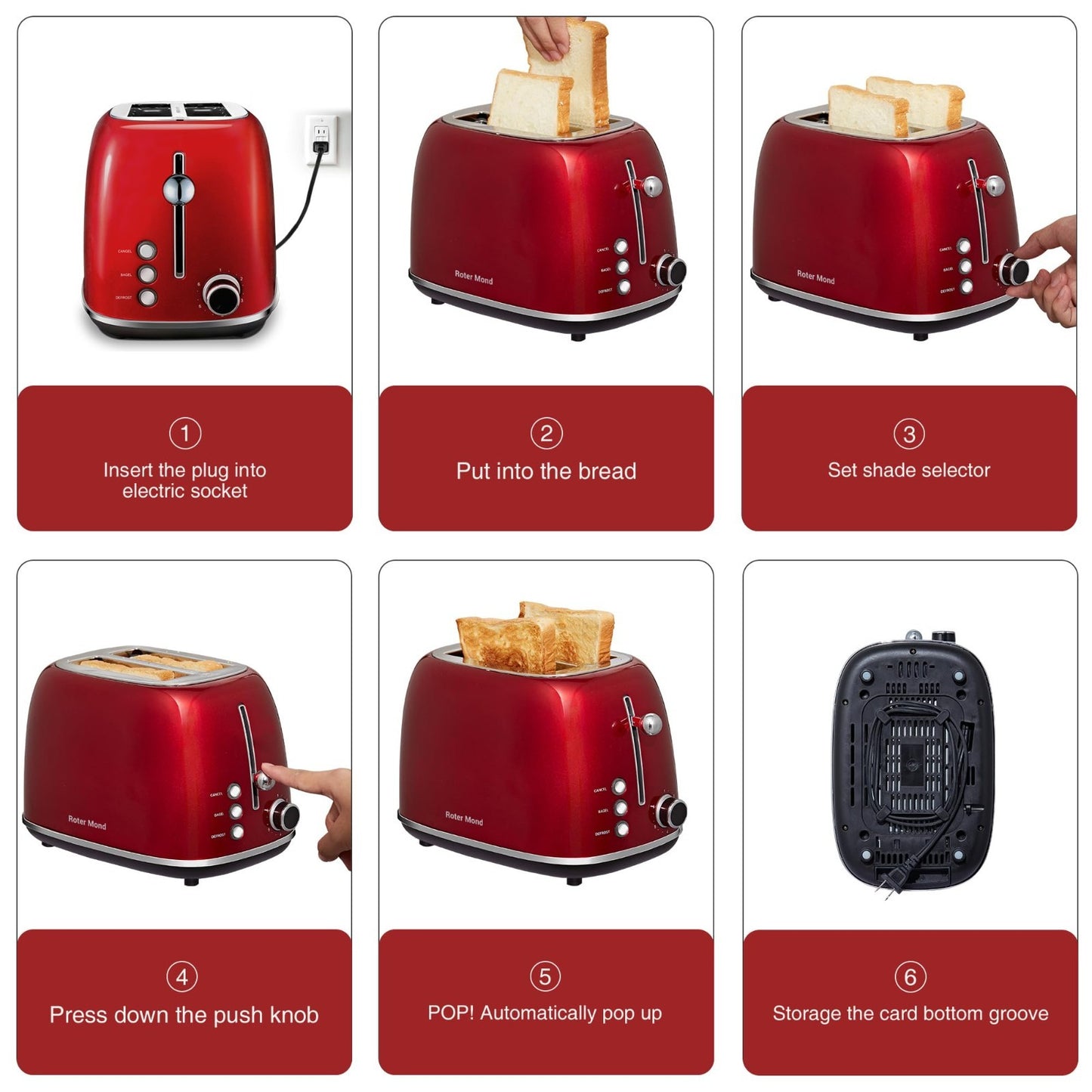 Retro Stainless Steel 2-Slice Toaster with Bagel, Cancel & Defrost Functions, 66
