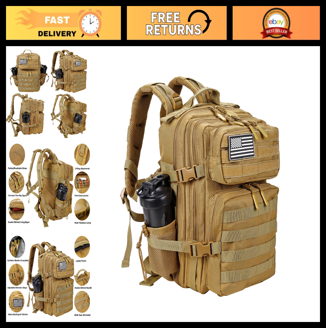 Tactical Military Backpack 25L/35L Army Assault Pack Rucksack with Bottle Holder0