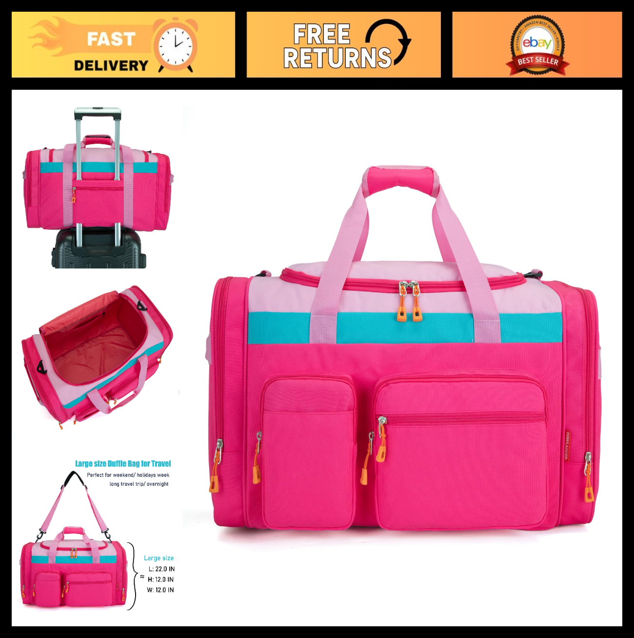 Spacious Pink Rose Kids Duffle Bag for Travel, Overnight, Weekend - 22"L x 12"H0