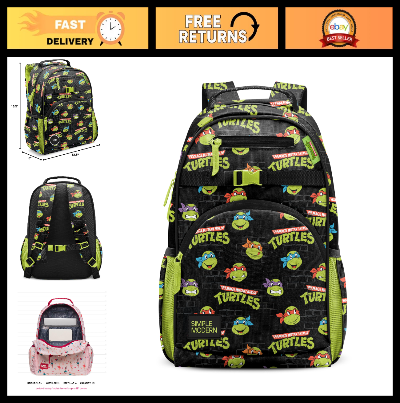 Kids TMNT Backpack for School, 18L, Boys & Girls, Durable, Lightweight, Fun Desi0